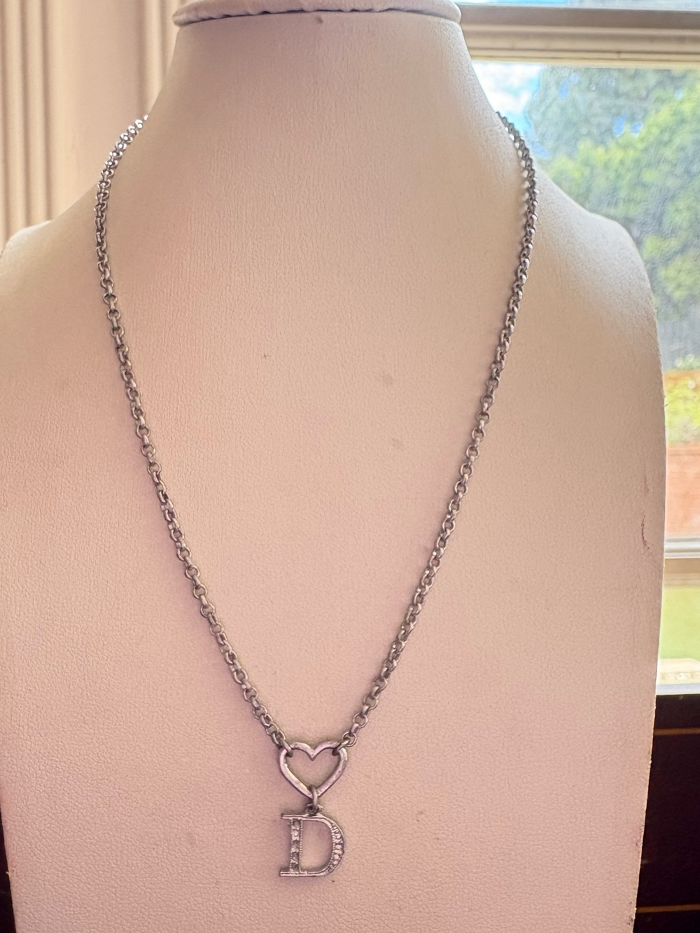 DIOR Silver D Heart Pendant Necklace on Adjustable Chain